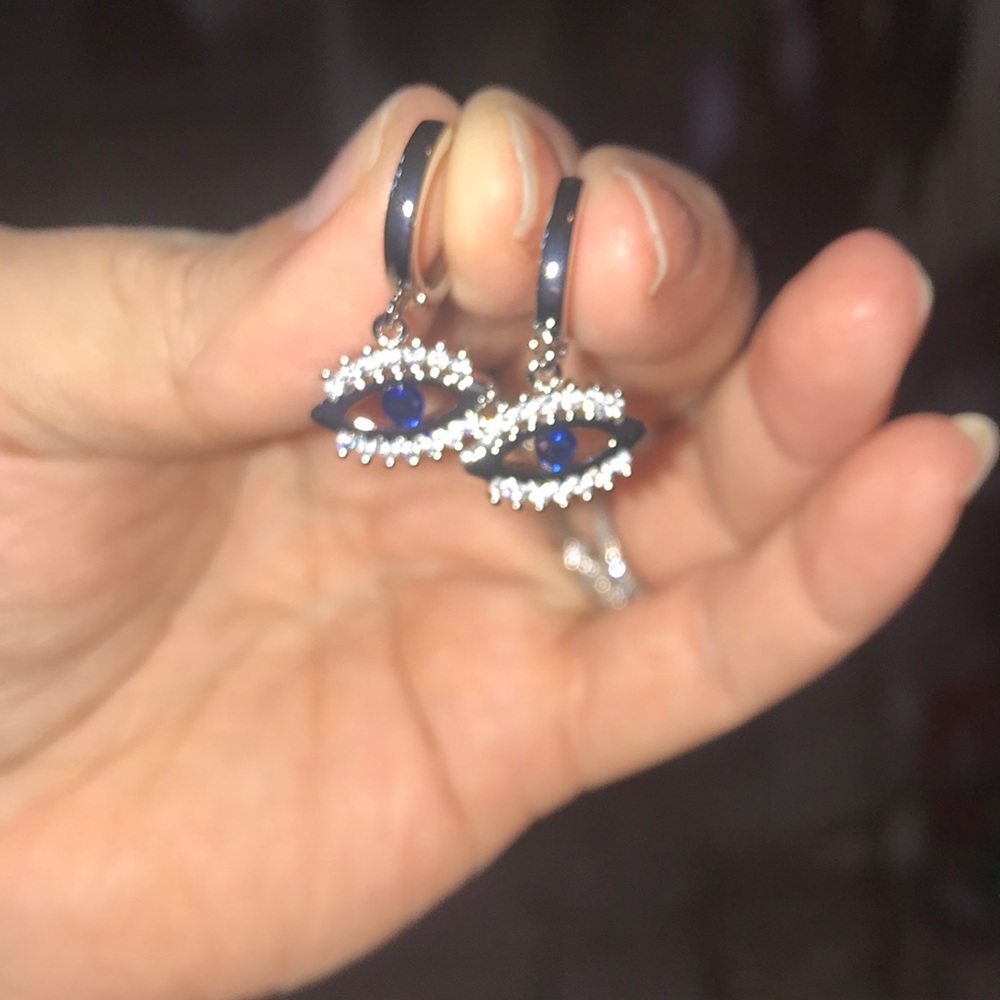 Silver Evil Eye Hoop Earrings - Picture 2 of 4